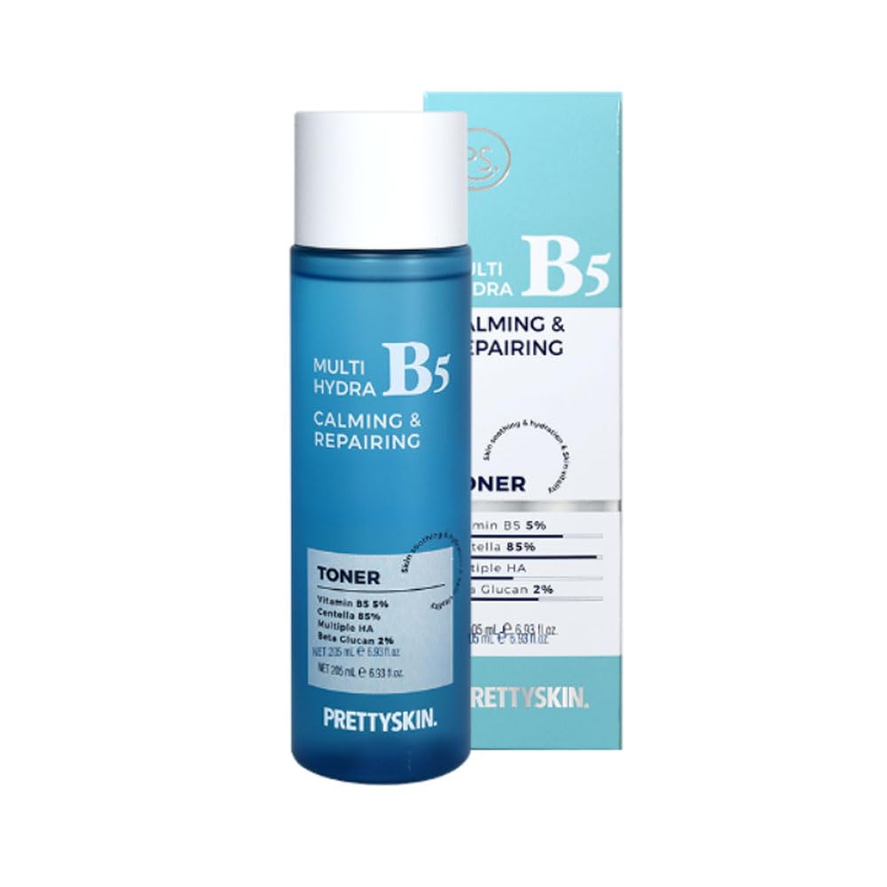 PRETTYSKIN Hydra B5 Toner bottle pour demonstrates instant, lightweight hydration for refreshed skin.