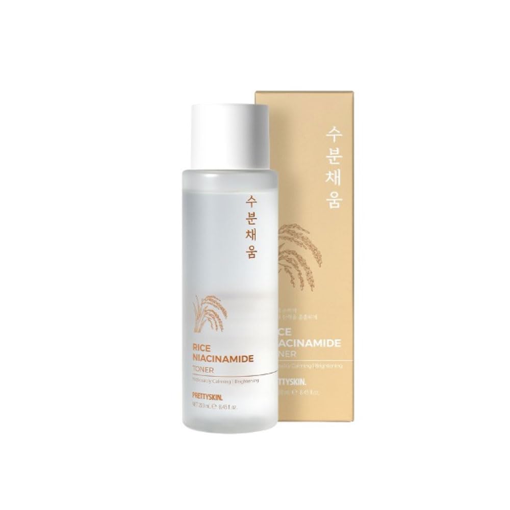 Tonique PRETTYSKIN avec extrait de riz et niacinamide, bouteille pratique.