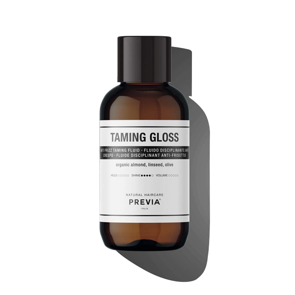 PREVIA Anti-Frizz Gloss bottle offers silky hydration and frizz control.
