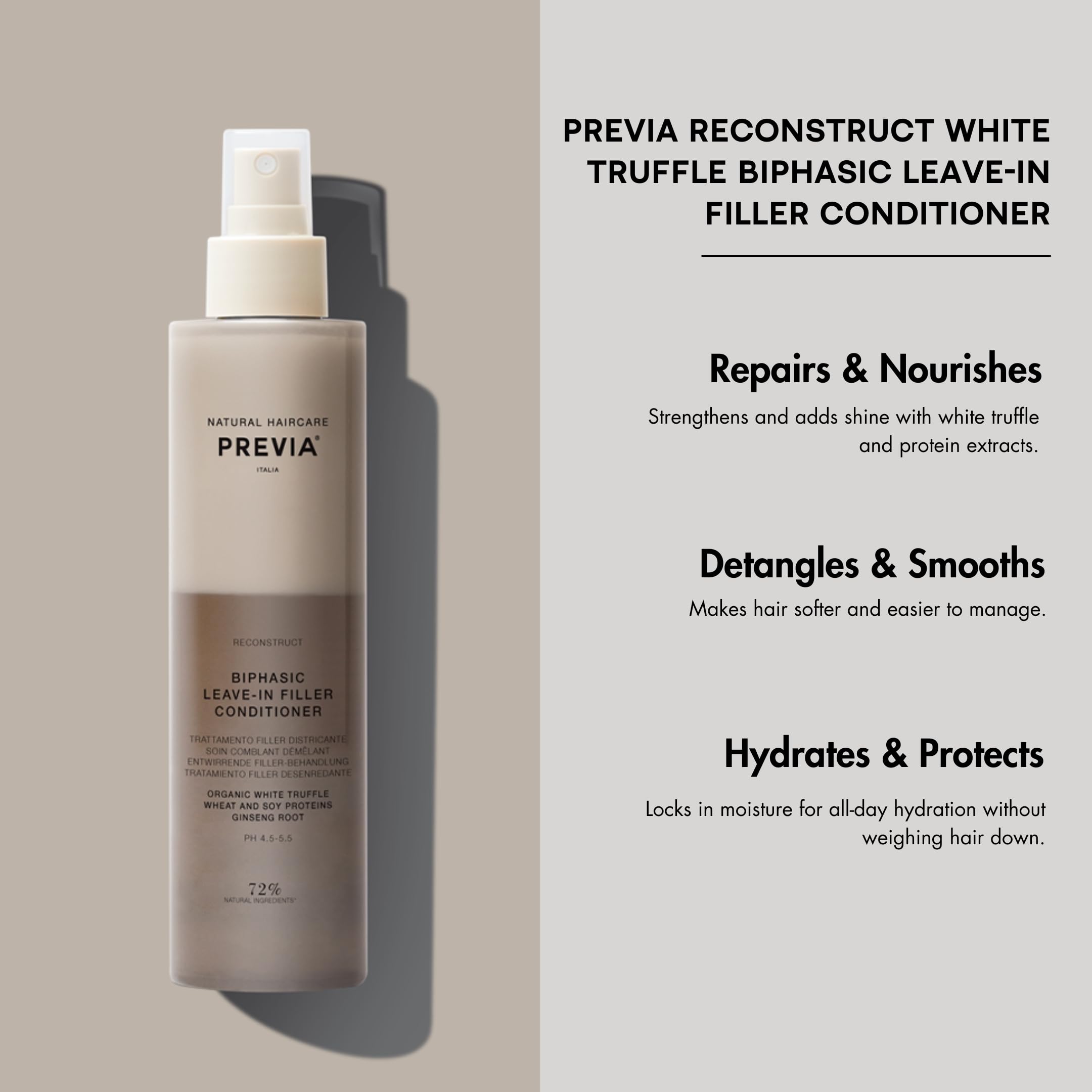 PREVIA biphasic leave-in on damp hair for easy distribution and moisture