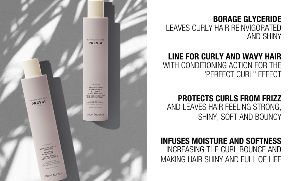 PREVIA Curlfriends Shampoo application scene demonstrates gentle cleansing for curls.