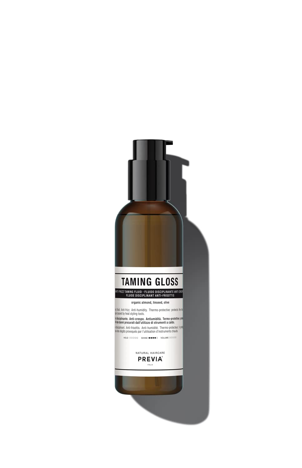 Previa Hair Gloss bottle pouring, showing easy application and frizz control.