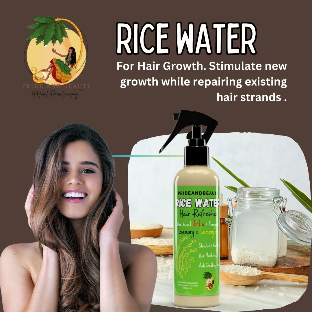 PrideandBeauty Fermented Rice Water Refresher close-up highlights rosemary and keratin for stronger-looking strands