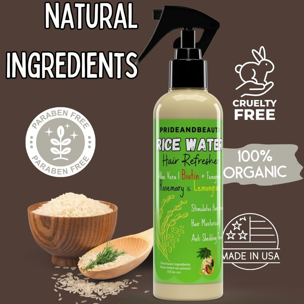 PrideandBeauty Fermented Rice Water Refresher ingredients highlight rosemary and biotin for nourishment