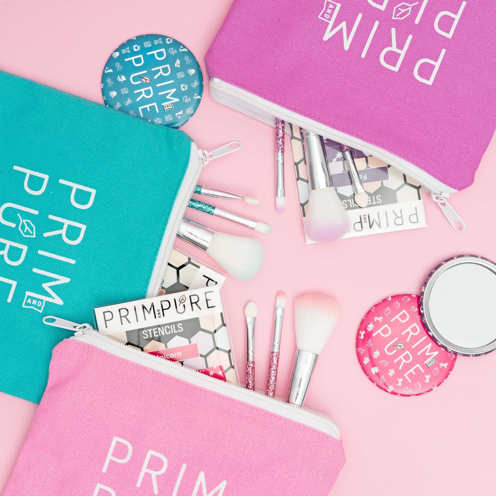 Prim and Pure kid-friendly makeup brushes with easy grip.
