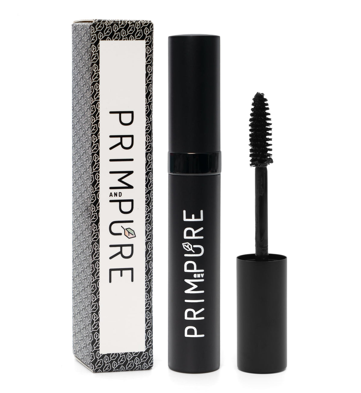 Prim and Pure natural mineral mascara packaging highlights a gentle formula for sensitive eyes.