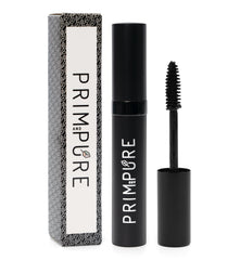 Prim and Pure natural mineral mascara packaging highlights a gentle formula for sensitive eyes.