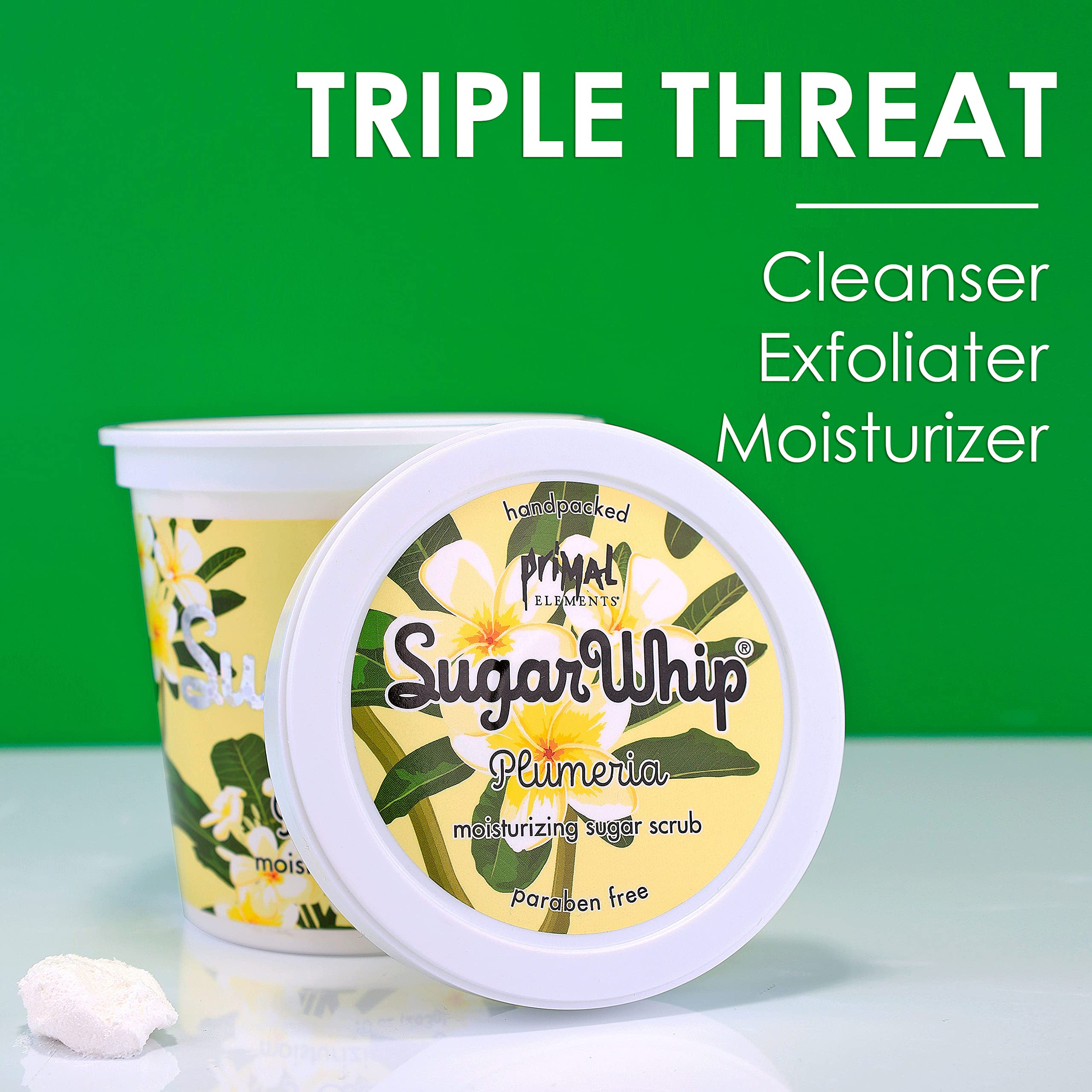 Primal Elements Sugar Whip exfoliating sugar grains, natural hydrator for moisturized skin.
