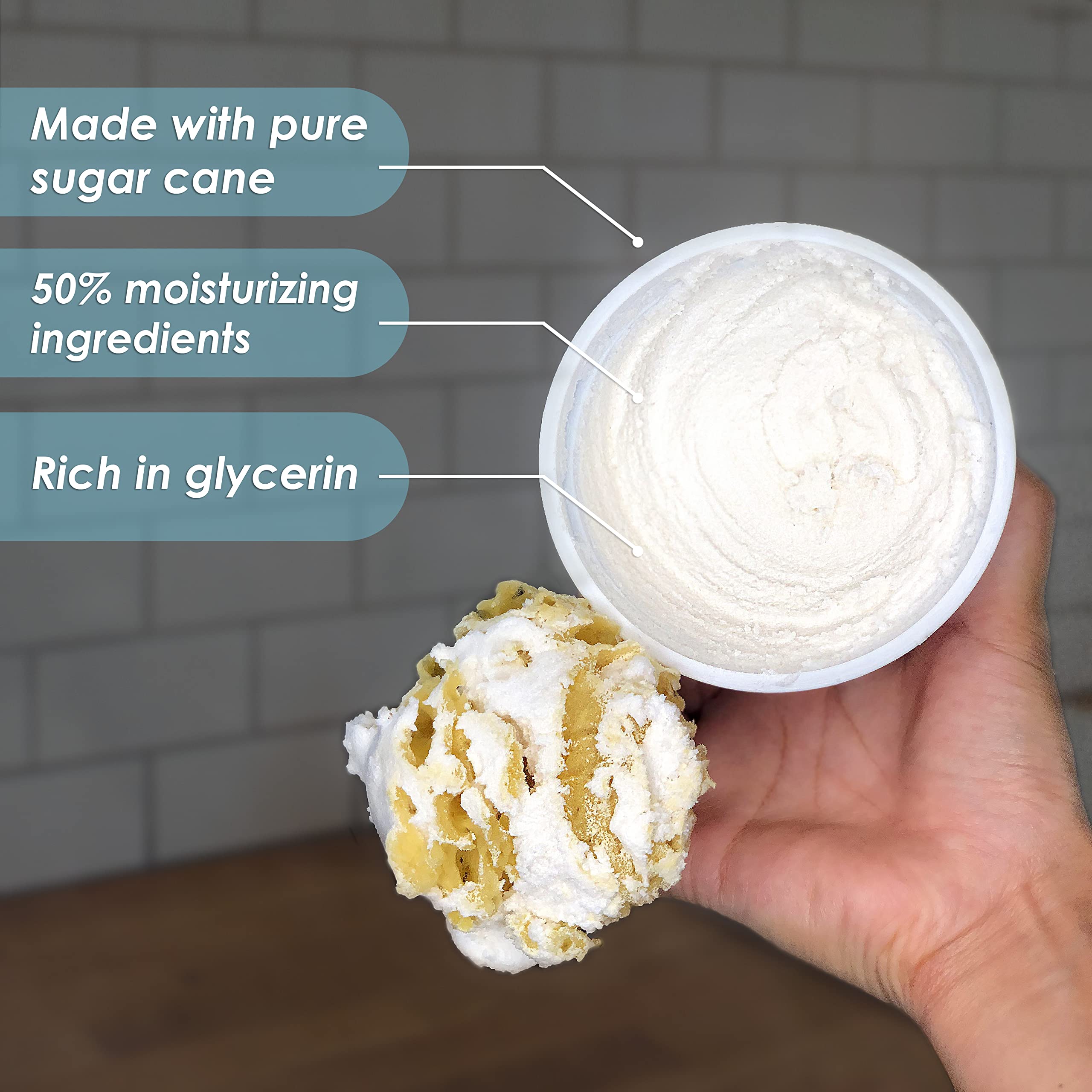 Sugar Whip used in shower delivering rich lather and soft skin.