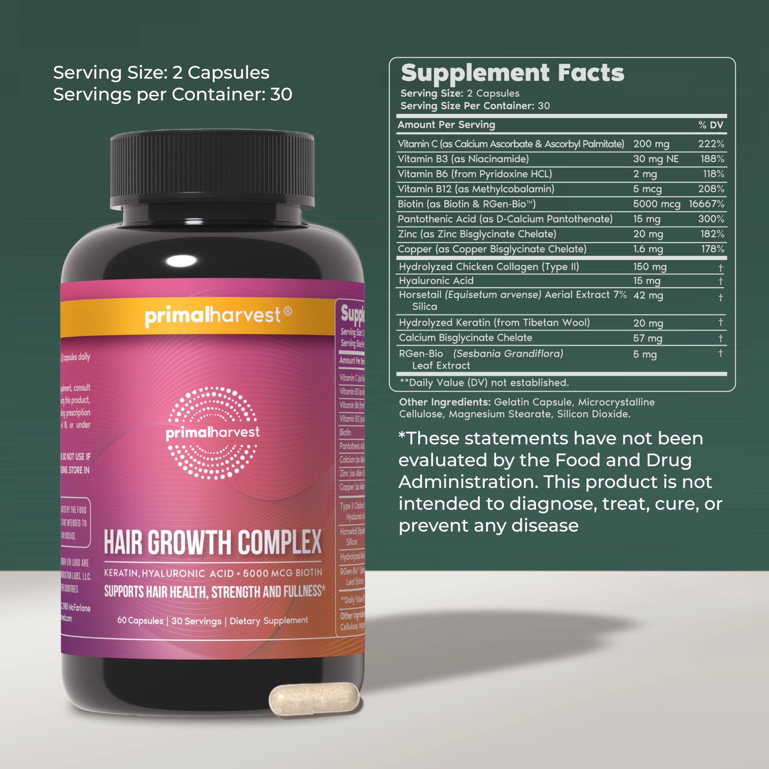 Primal Harvest pills ready for daily use to support hair health.