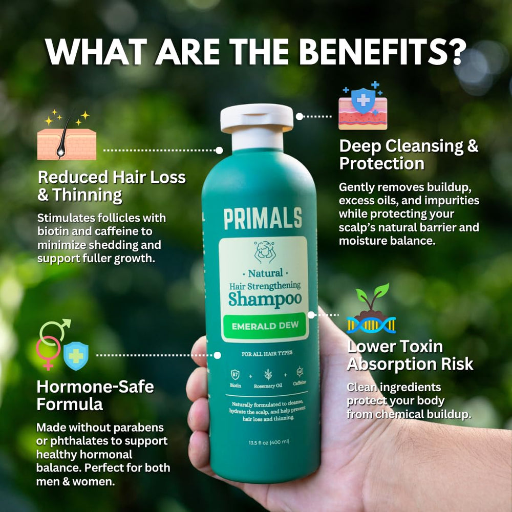 PRIMALS shampoo pour demonstrates easy, even distribution for thorough cleansing.