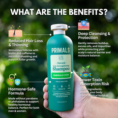 PRIMALS shampoo pour demonstrates easy, even distribution for thorough cleansing.