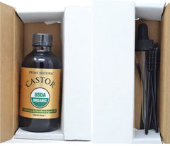 Prime Natural castor oil in use on skin and hair for moisturization and shine.