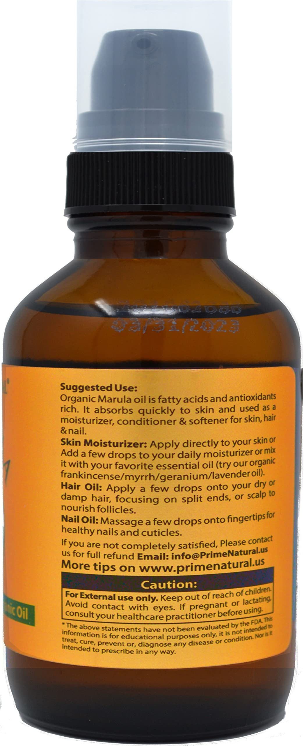 Close-up of PRIME NATURAL Marula Oil in amber glass bottle to show purity.