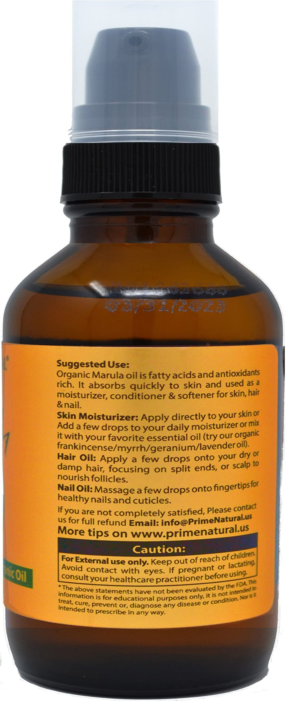Close-up of PRIME NATURAL Marula Oil in amber glass bottle to show purity.