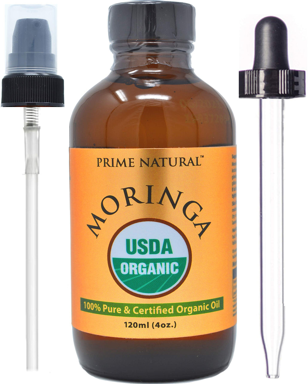 Prime Natural Moringa Oil bottle shows pure organic formula for skin and hair care