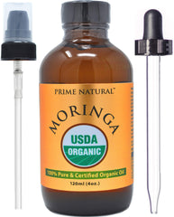 Prime Natural Moringa Oil bottle shows pure organic formula for skin and hair care