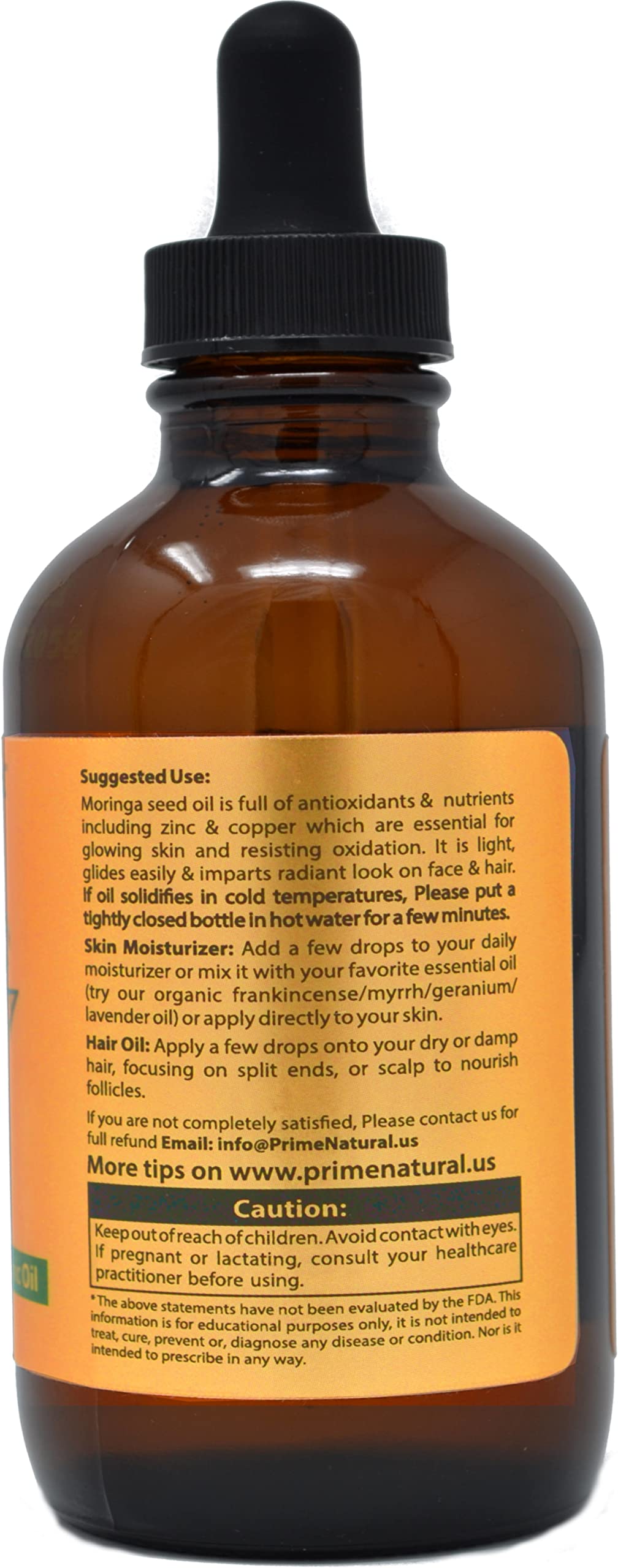 Prime Natural Moringa Oil label communicates purity and antioxidant-rich formula