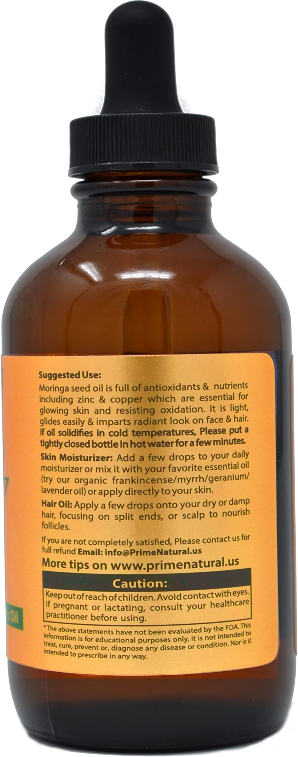 Prime Natural Moringa Oil label communicates purity and antioxidant-rich formula