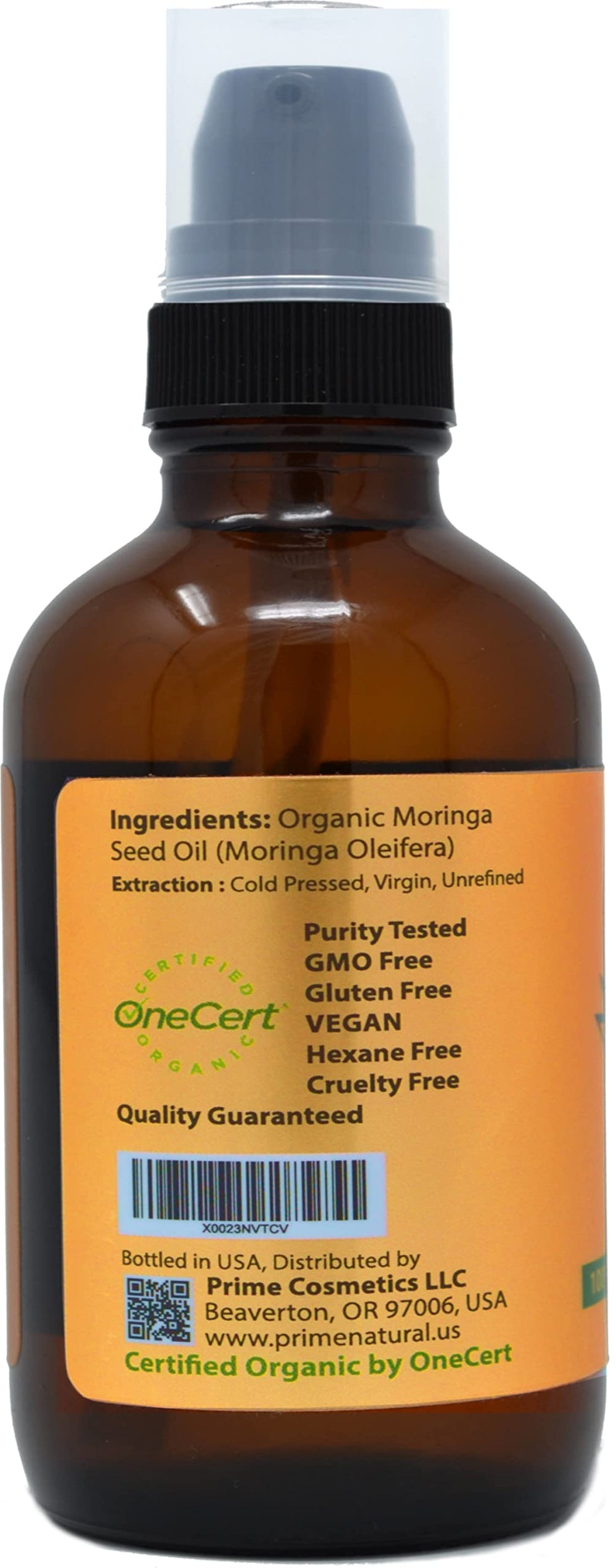Prime Natural Moringa Oil packaging emphasizes USDA organic and food-grade quality