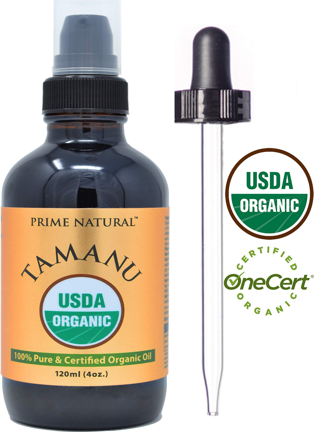 PRIME NATURAL Tamanu oil bottle with dropper for precise measurements and mess-free use.