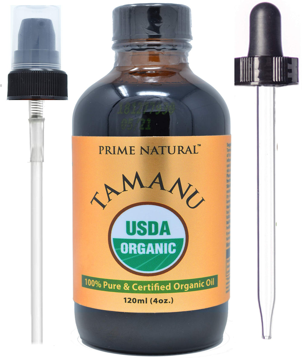 PRIME NATURAL Tamanu oil bottle with pump for controlled application and deep hydration.