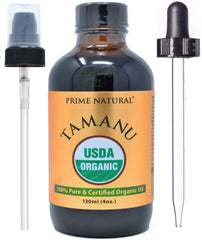 PRIME NATURAL Tamanu oil bottle with pump for controlled application and deep hydration.