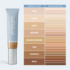 PrimePrometics PrimeSkin CC+ Cream Tan Rich swatch on skin for warm-tone match.
