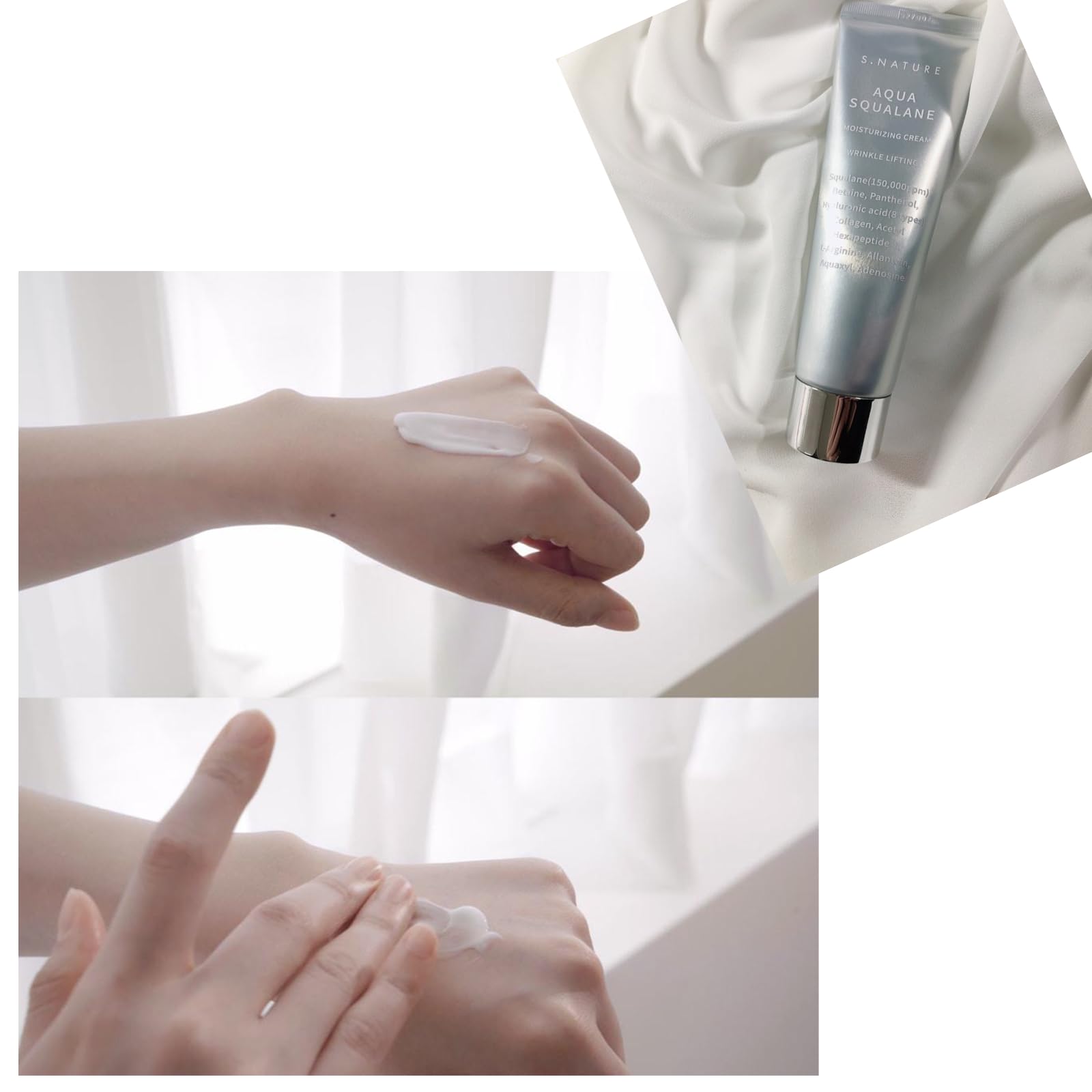 Priming Water cream applied to cheek demonstrates quick absorption.