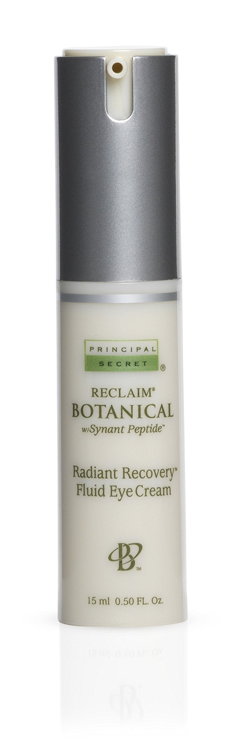 Principal Secret reclaim botanical eye cream bottle close-up for brightening the eye area.