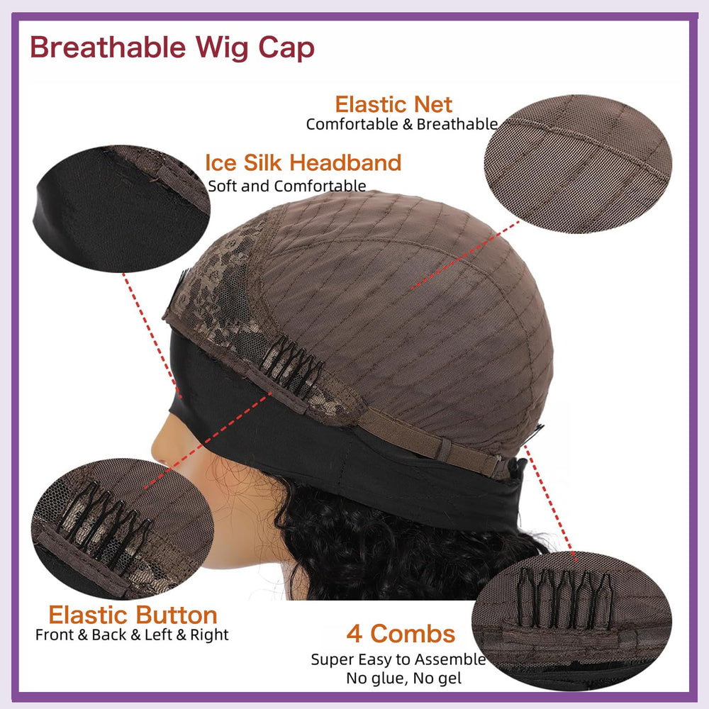 Prisyfab headband wig cap detail shows adjustable, secure fit.
