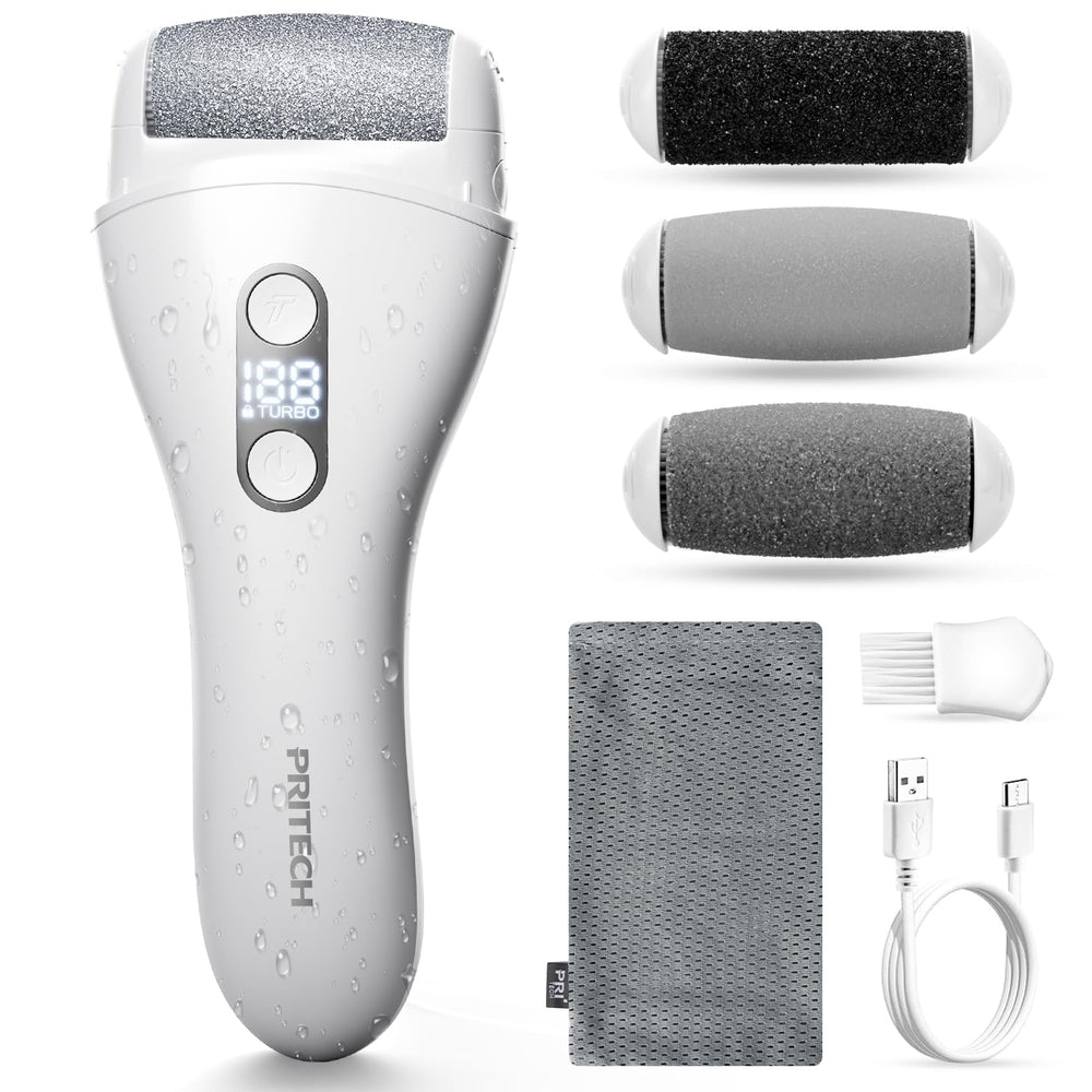 PRITECH electric callus remover front view showing compact at home pedicure device.