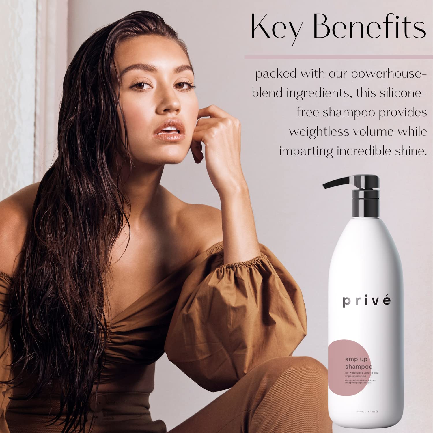 Bamboo-acai formula in Prive Amp Up Volumizing Shampoo highlights natural botanicals.