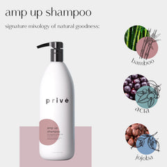 Dispensing pump on Prive Amp Up Volumizing Shampoo for easy, controlled application.