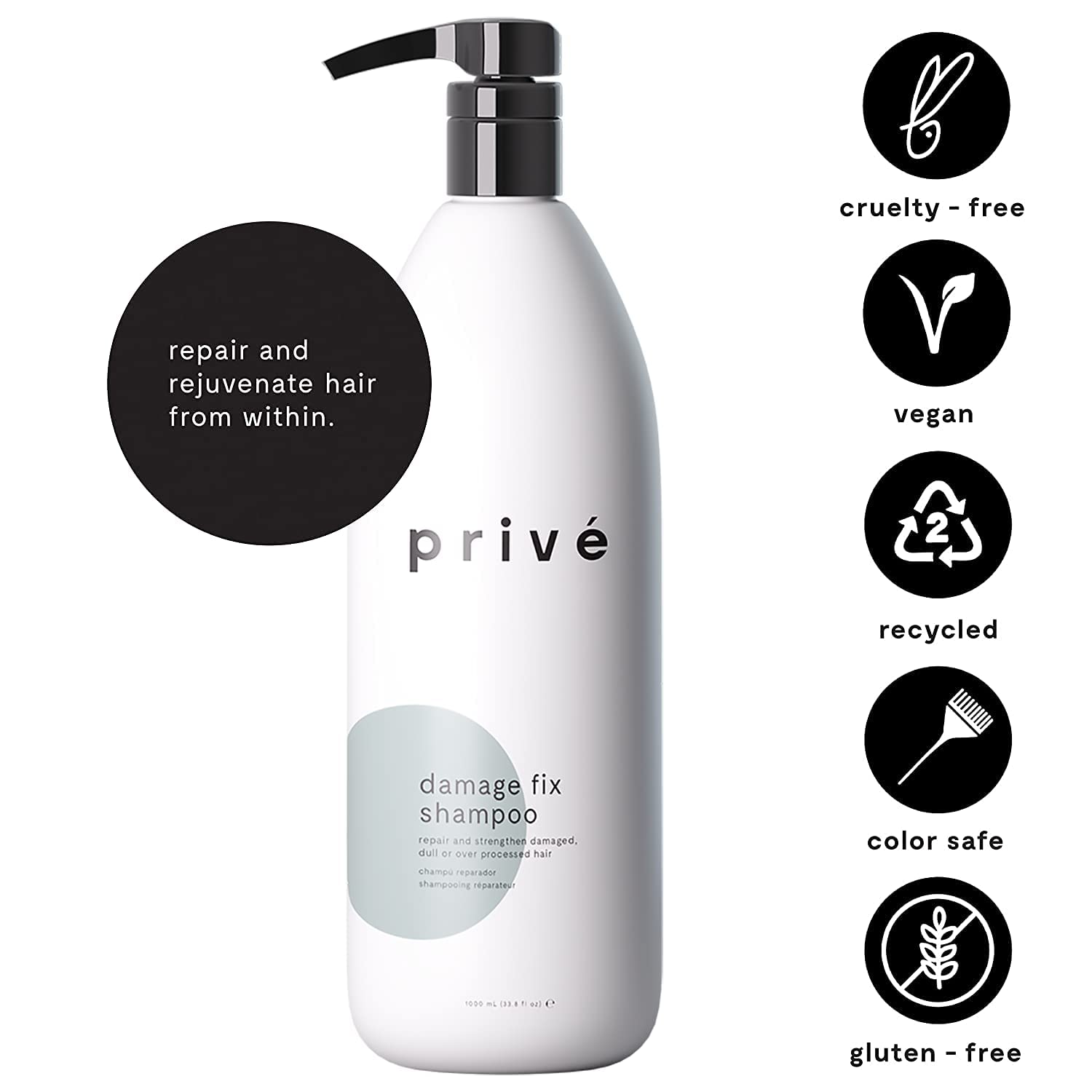 Prive Damage Fix Shampoo bathroom-scene promotes everyday use for both genders