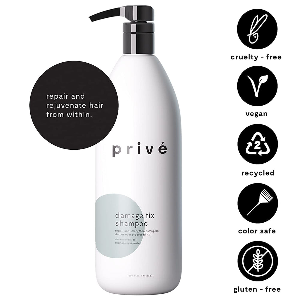 Prive Damage Fix Shampoo bathroom-scene promotes everyday use for both genders