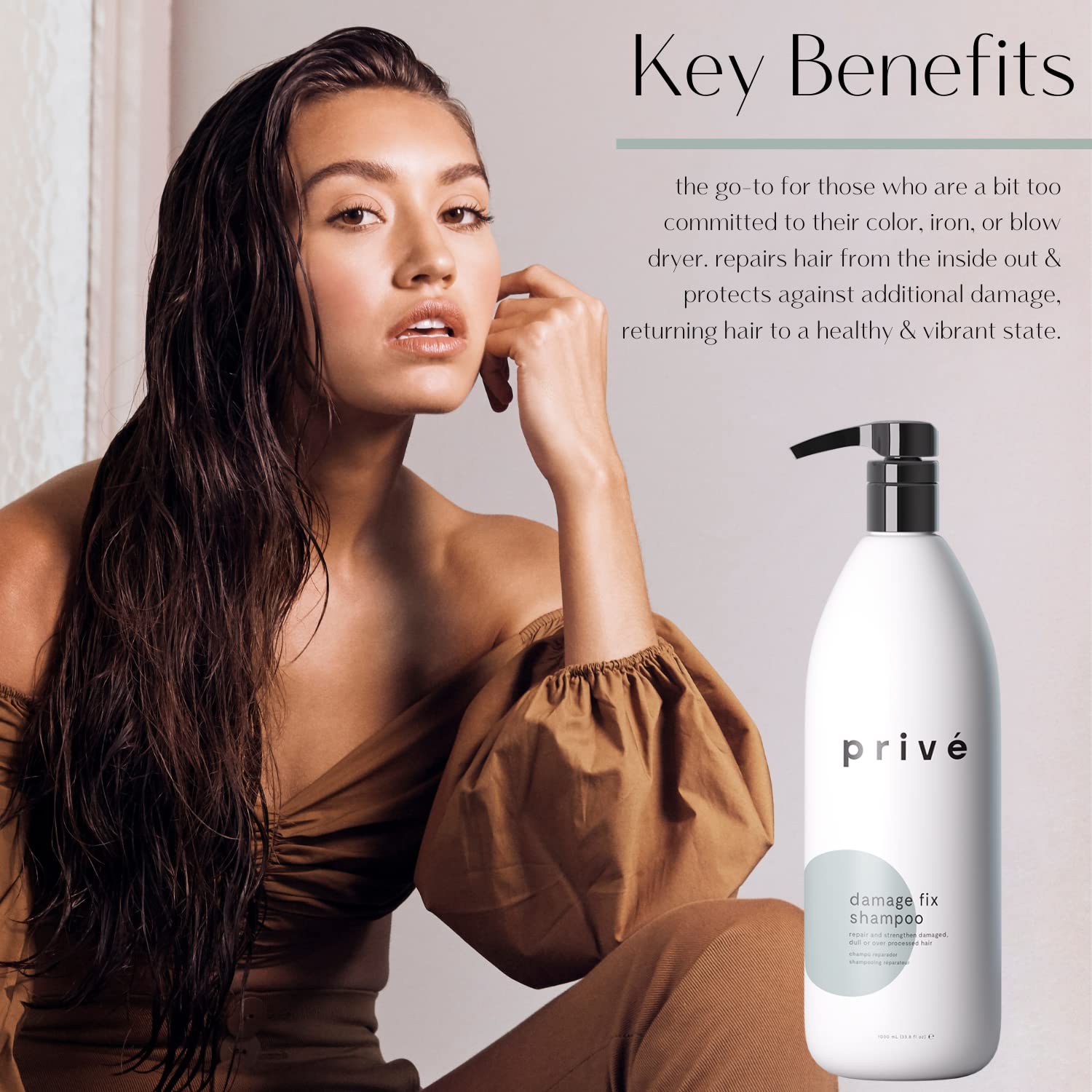 Prive Damage Fix Shampoo daily-use scene suggests easy at-home care