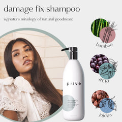 Prive Damage Fix Shampoo label closeup highlights color-treated hair protection