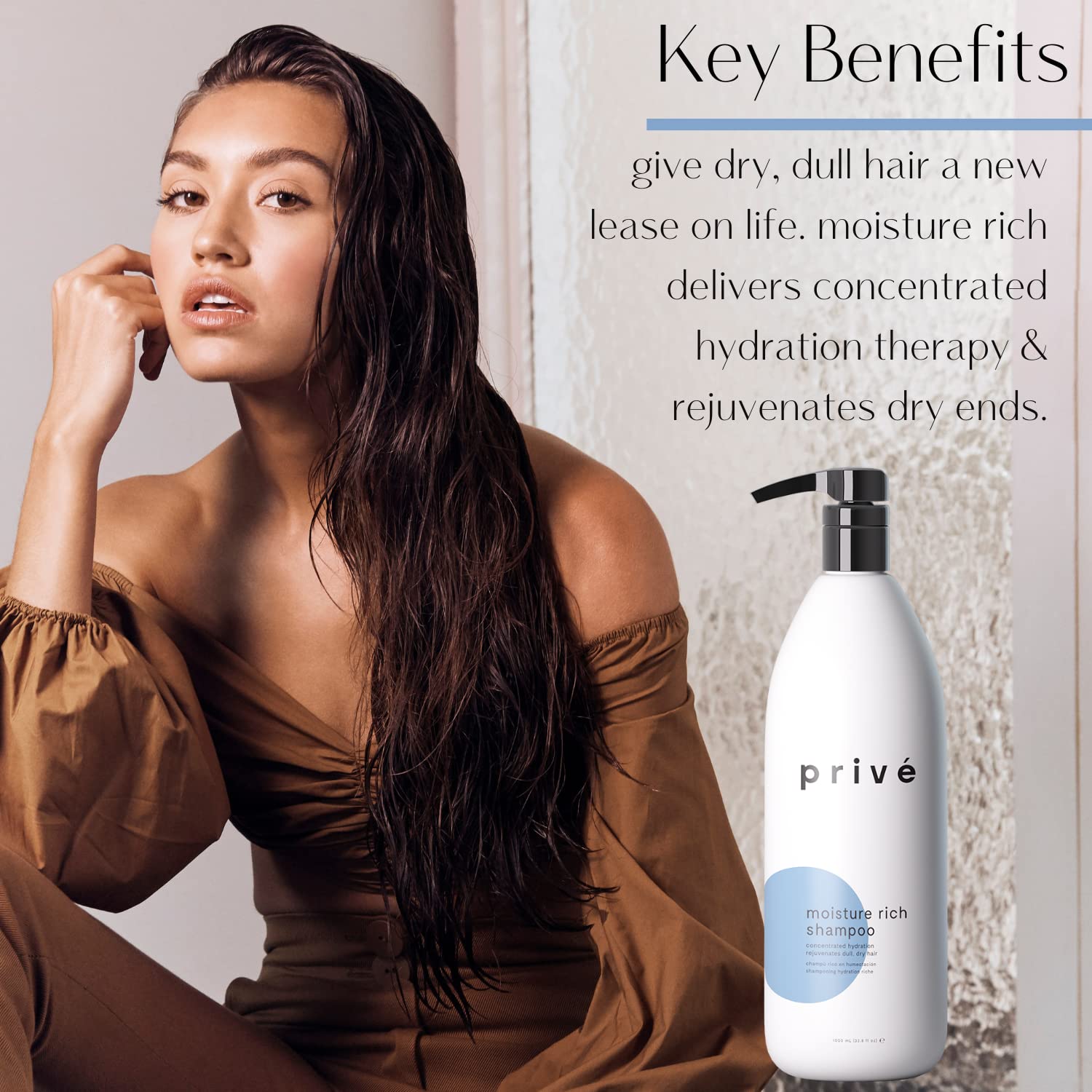 Prive Moisture Rich Shampoo color-safe badge indicates color-treated hair compatibility.
