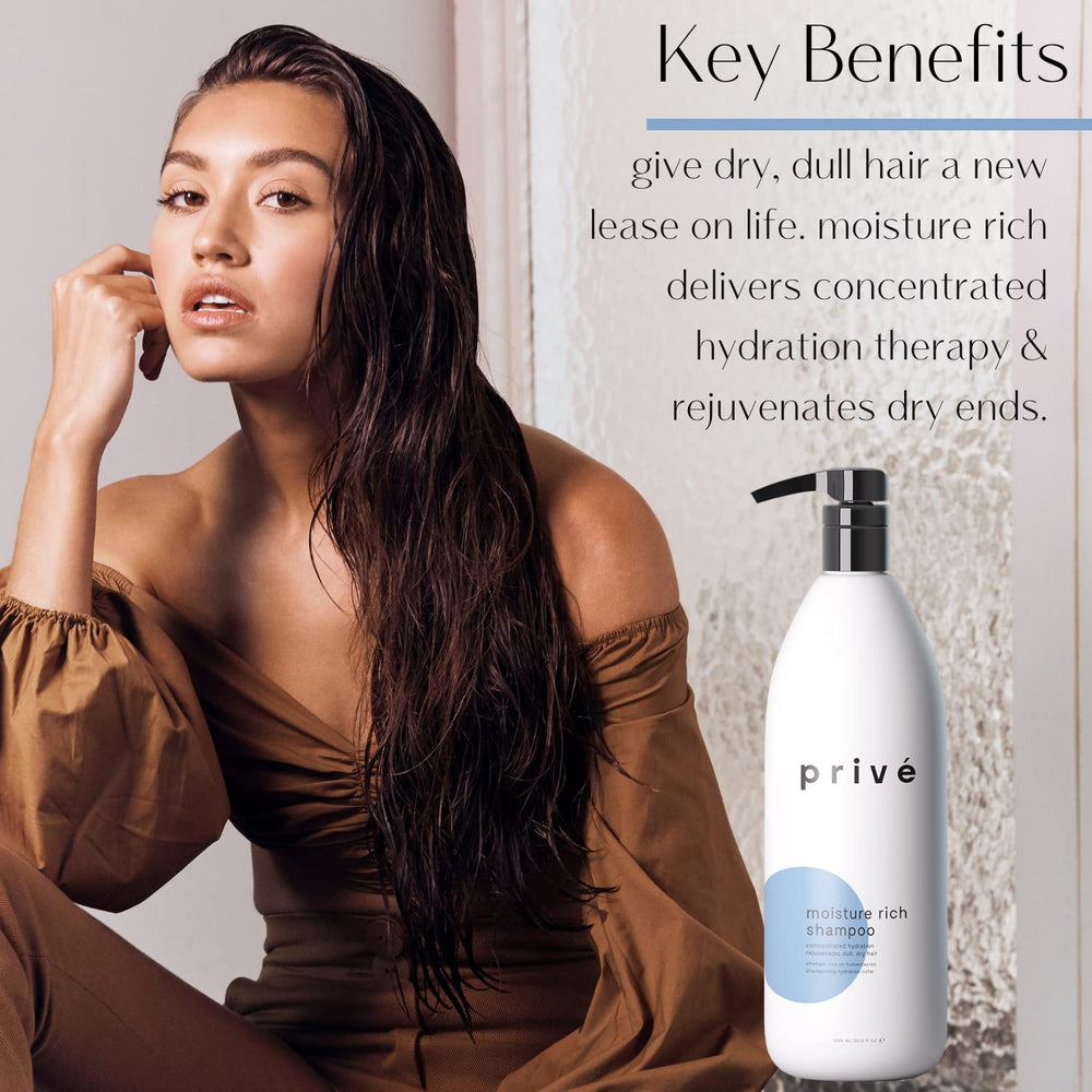 Prive Moisture Rich Shampoo color-safe badge indicates color-treated hair compatibility.