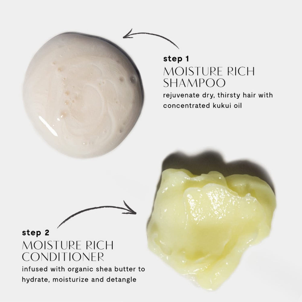 Prive Moisture Rich Shampoo shown in everyday settings suggesting frizz control and hydration.