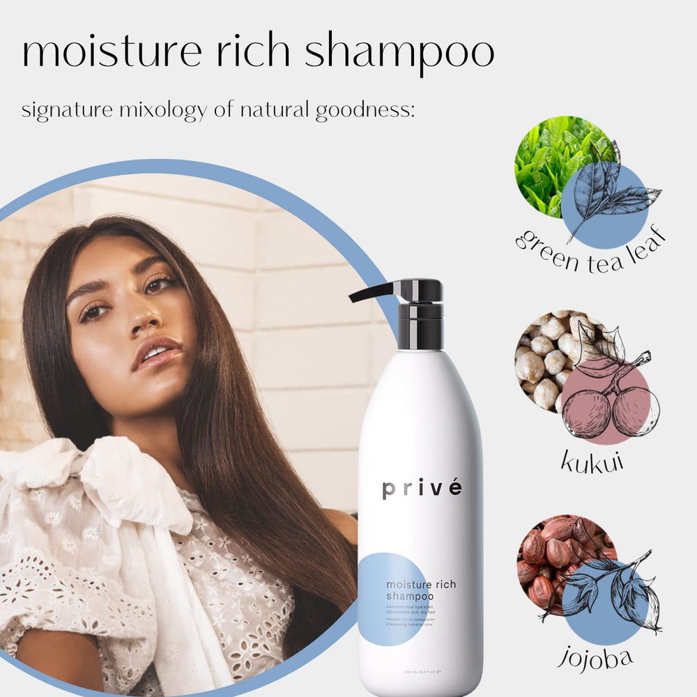 Prive Moisture Rich Shampoo lather demonstrates gentle cleansing with Shea Butter for silky strands.