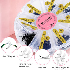 PRO LASHBEAUTY handmade volume fans in a mixed 5D–14D tray.