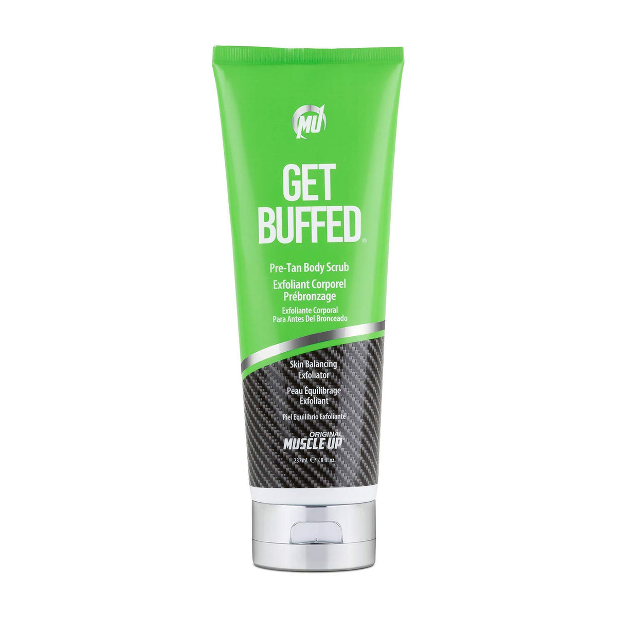 Pro Tan Get Buffed Pre-Tan Scrub jar with tropical scent balances skin pH and primes tan.