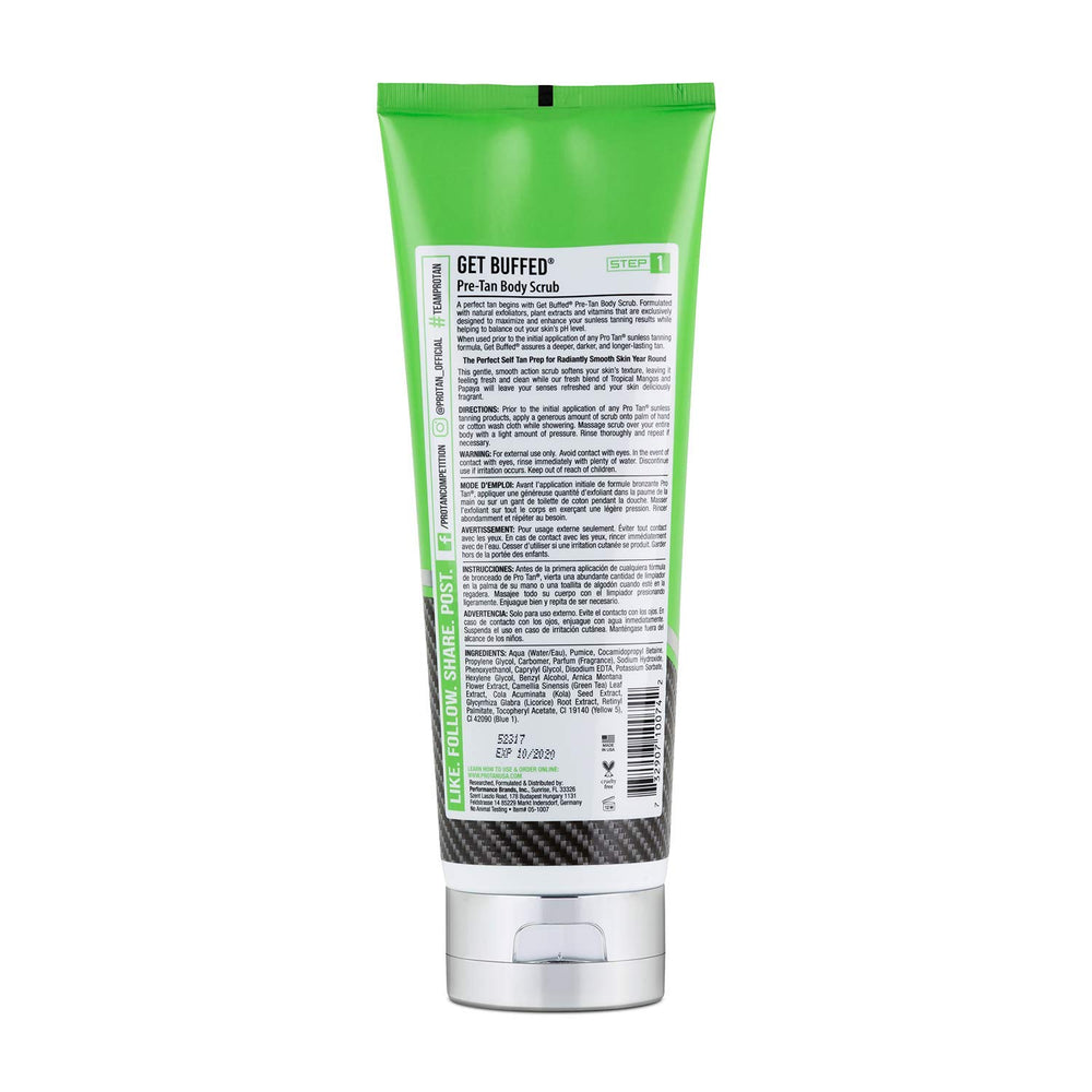 Pro Tan Get Buffed Pre-Tan Scrub texture on skin for smoother tan application and lasting results.