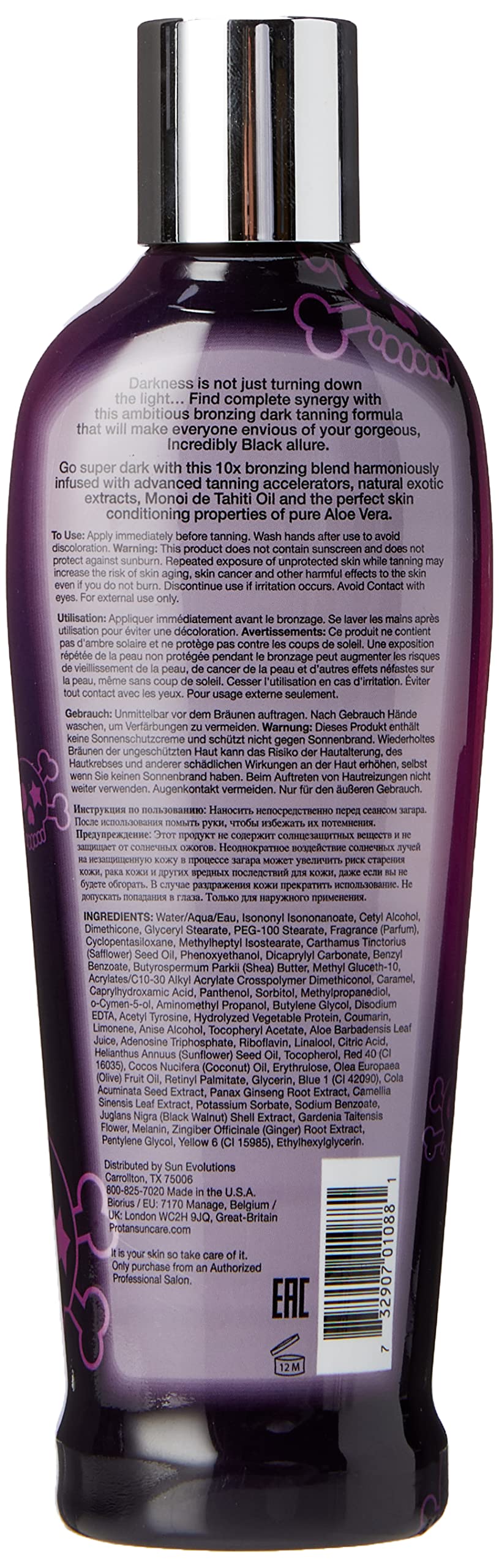 Pro Tan bottle back with usage guidance for even application