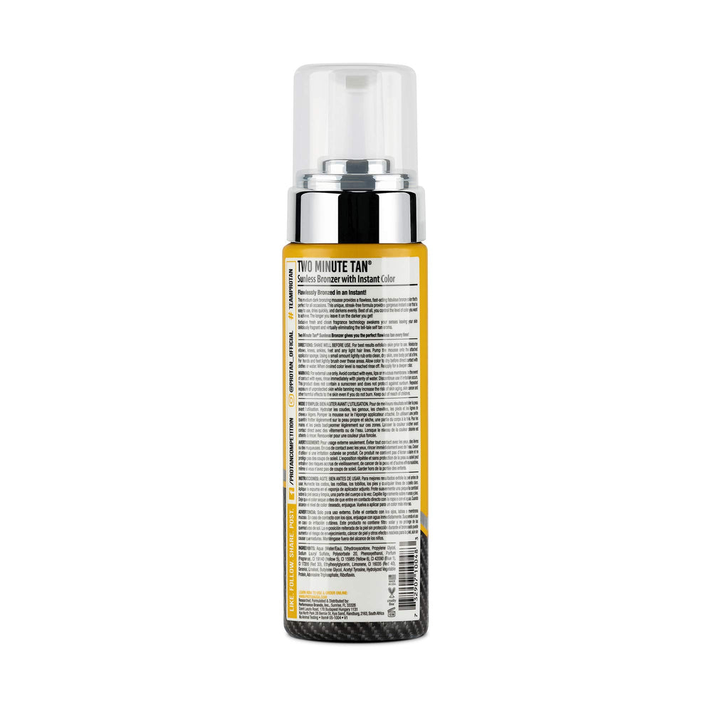 Pro Tan Two Minute Tan mousse application highlights even coverage and bronze color.