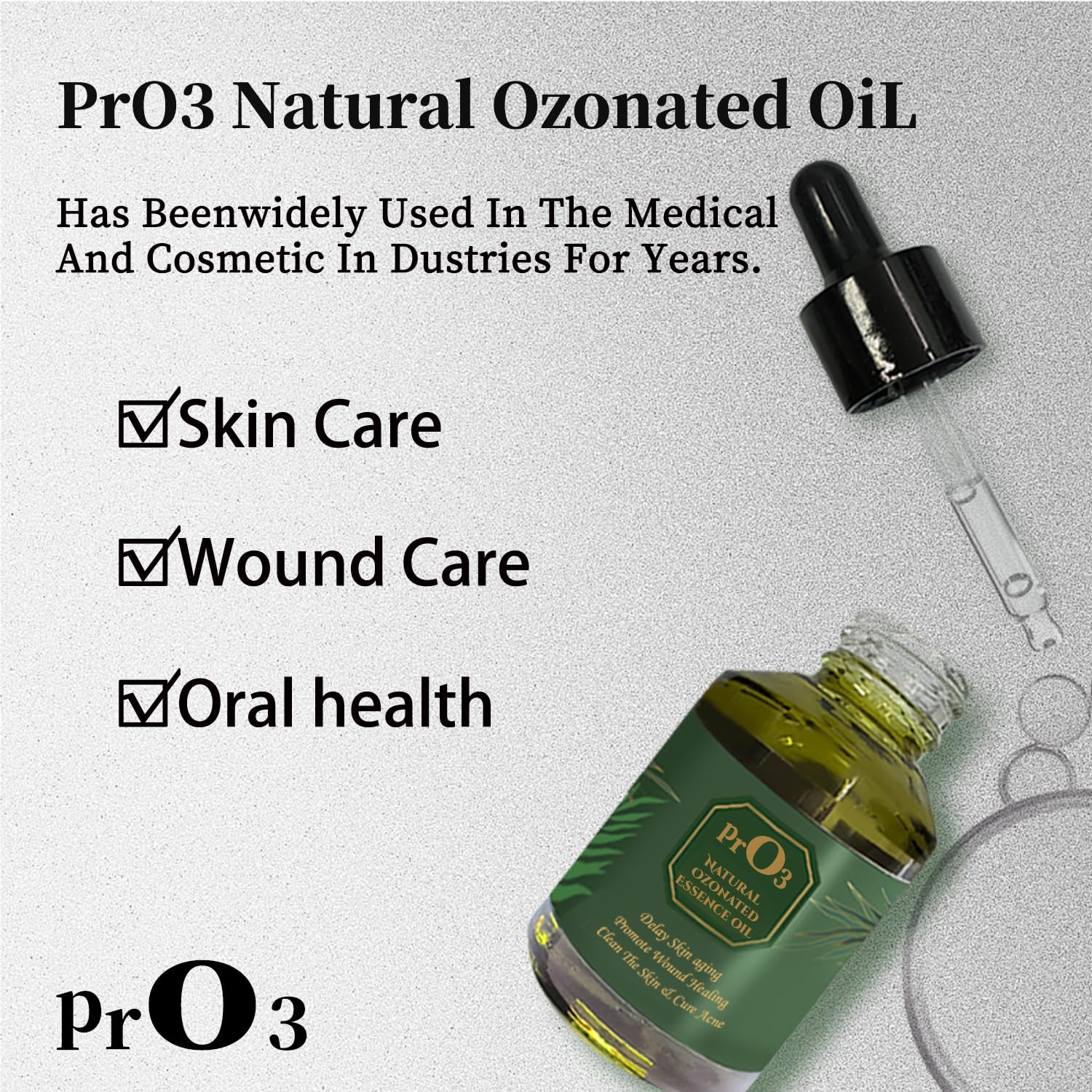 PrO3 ozonated oil dropper close-up for precise application