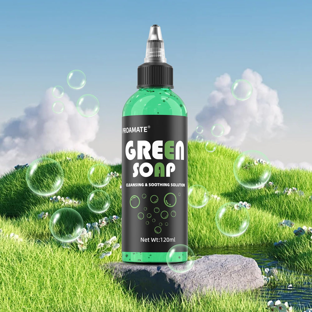 Proamate Green Tattoo Soap cleaning kit in-use for tattoo care