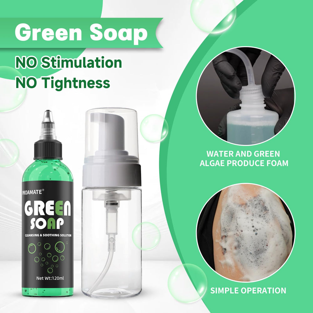Proamate Green Tattoo Soap cleansing process for tattoos and skin